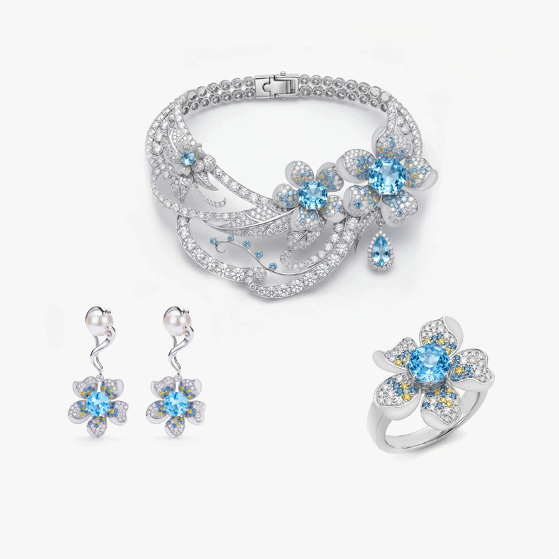 Original Design - Rose Cut Aquamarine Sapphire Flowers Necklace