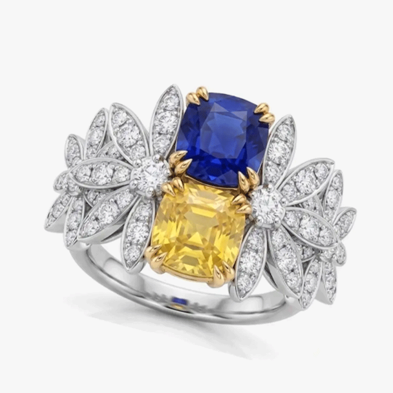 Original Design -  Cushion Cut Tol et Moi Blue & Yellow Sapphire Engagement Ring