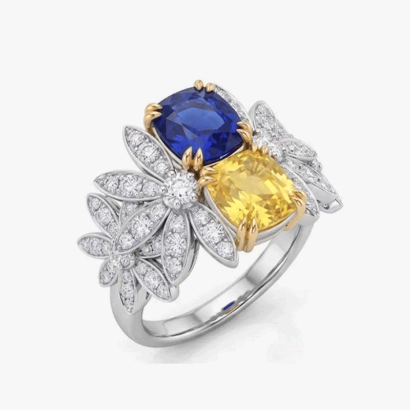 Original Design -  Cushion Cut Tol et Moi Blue & Yellow Sapphire Engagement Ring