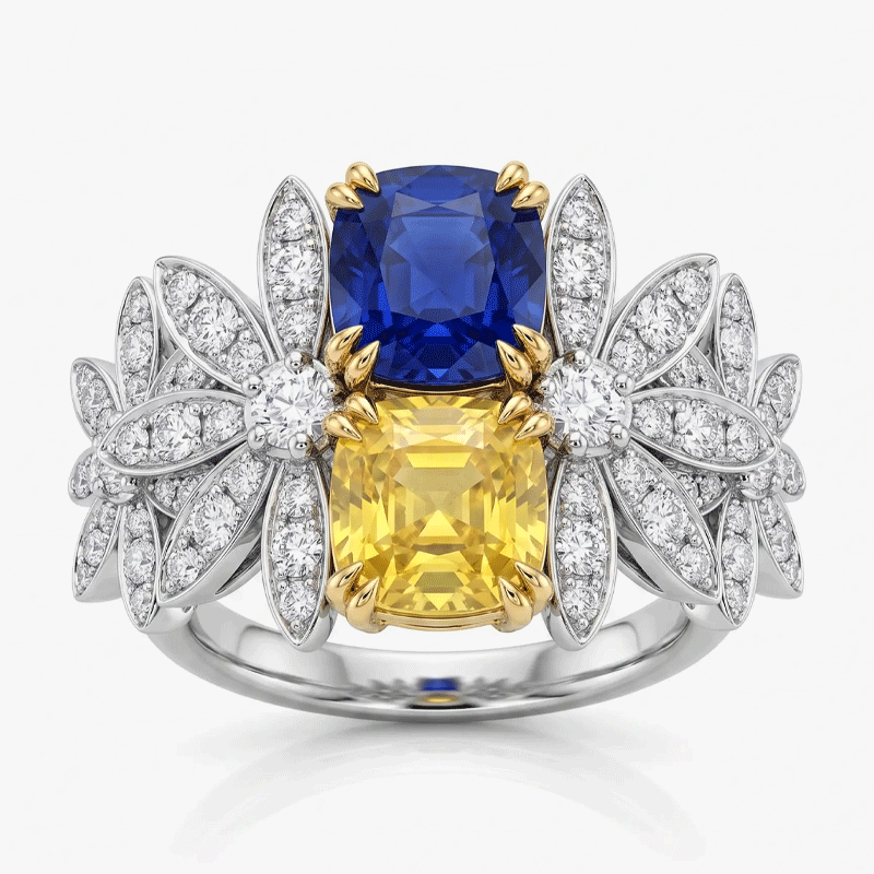 Original Design -  Cushion Cut Tol et Moi Blue & Yellow Sapphire Engagement Ring