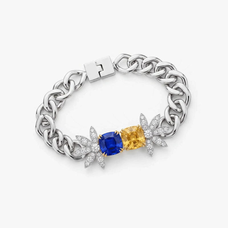 Original Design -  Cushion Cut Toi et Moi Blue & Yellow Sapphire Floral Bracelet