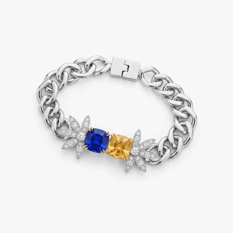 Original Design -  Cushion Cut Toi et Moi Blue & Yellow Sapphire Floral Bracelet