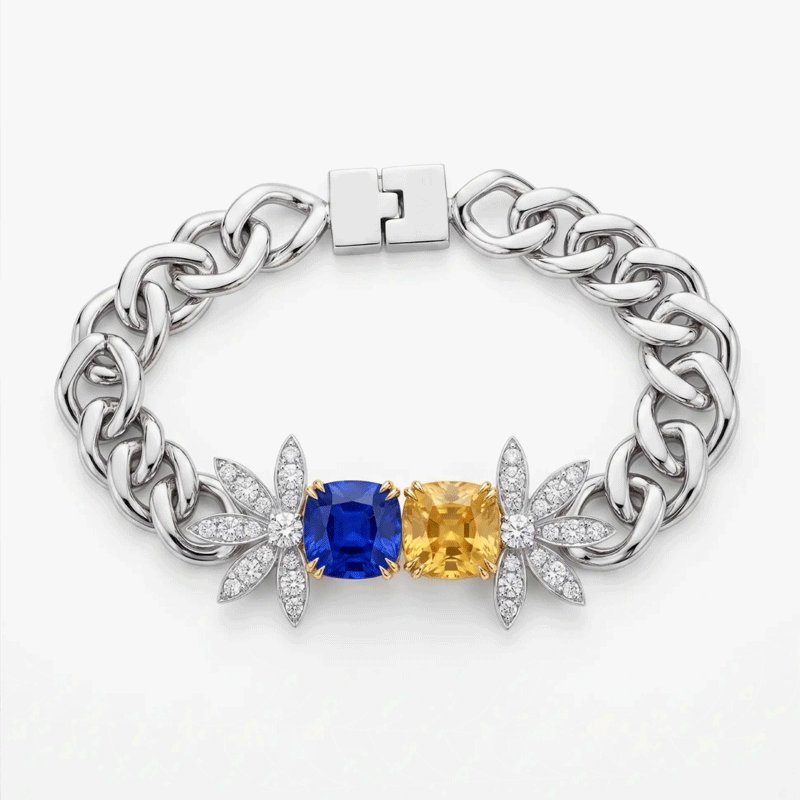 Original Design -  Cushion Cut Toi et Moi Blue & Yellow Sapphire Floral Bracelet
