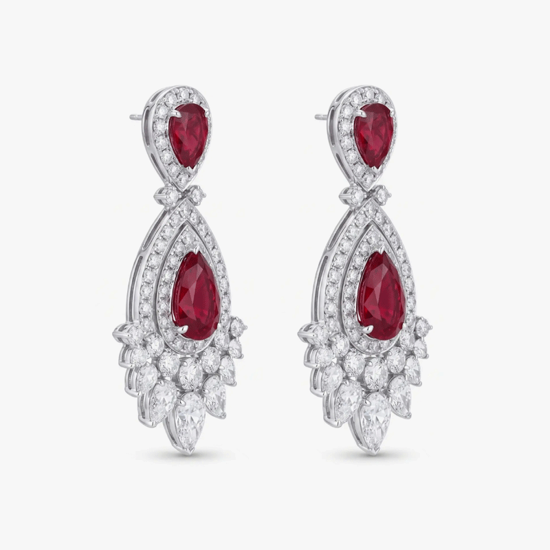 Original Design - Pear Cut Ruby Sapphire & White Moissanite Dangle Earrings