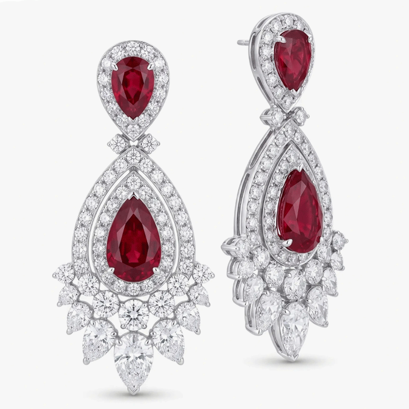 Original Design - Pear Cut Ruby Sapphire & White Moissanite Dangle Earrings
