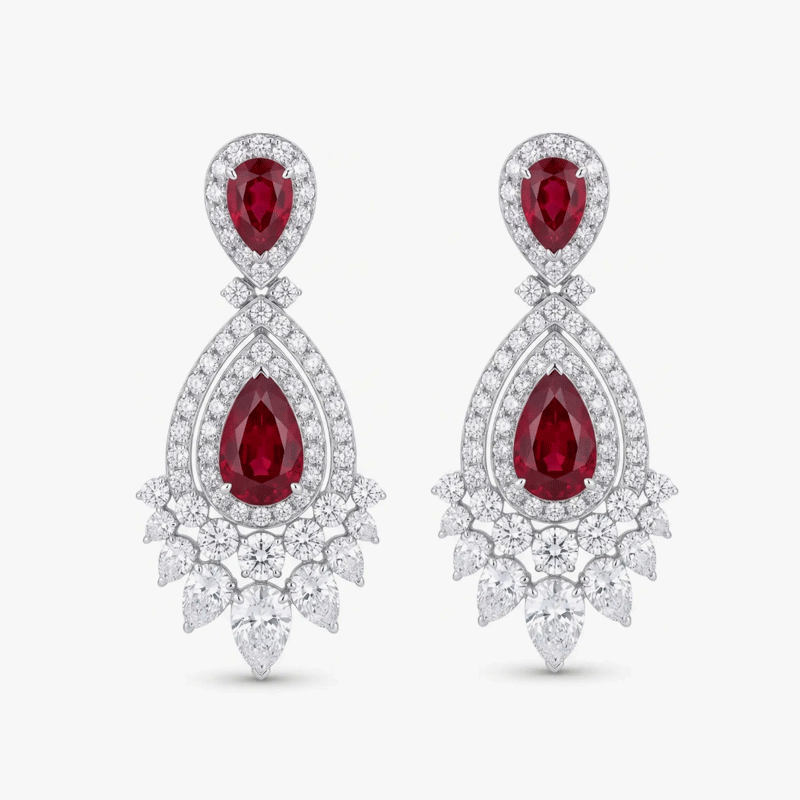 Original Design - Pear Cut Ruby Sapphire & White Moissanite Dangle Earrings