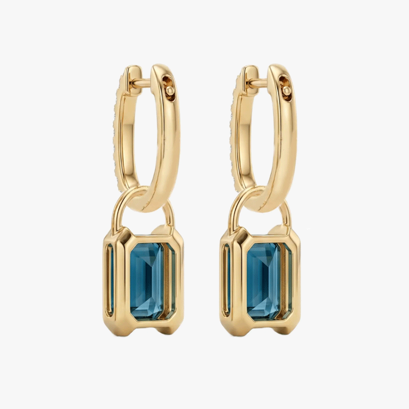 Original Design - Concise style Emerald Cut  Aquamarine Sapphire Dangle Earrings