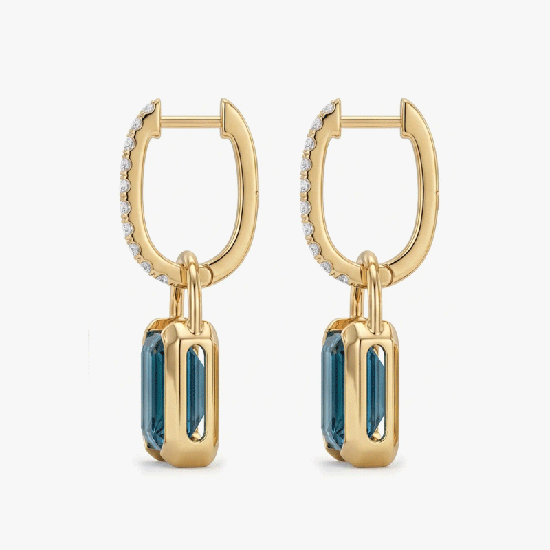 Original Design - Concise style Emerald Cut  Aquamarine Sapphire Dangle Earrings