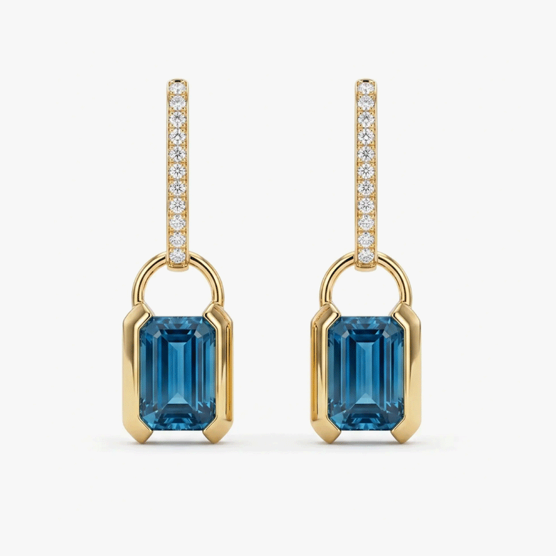 Original Design - Concise style Emerald Cut  Aquamarine Sapphire Dangle Earrings