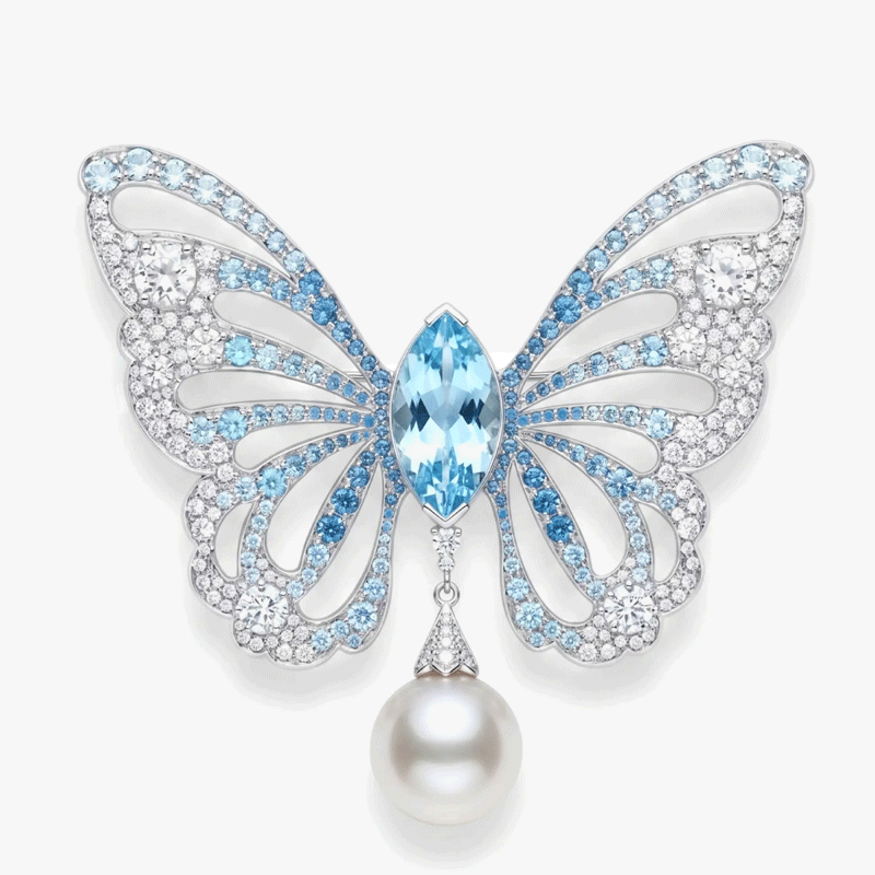 Original Design - Marquise Cut Aquamarine Sapphire & Fresh Water Pearl Butterfly Brooch