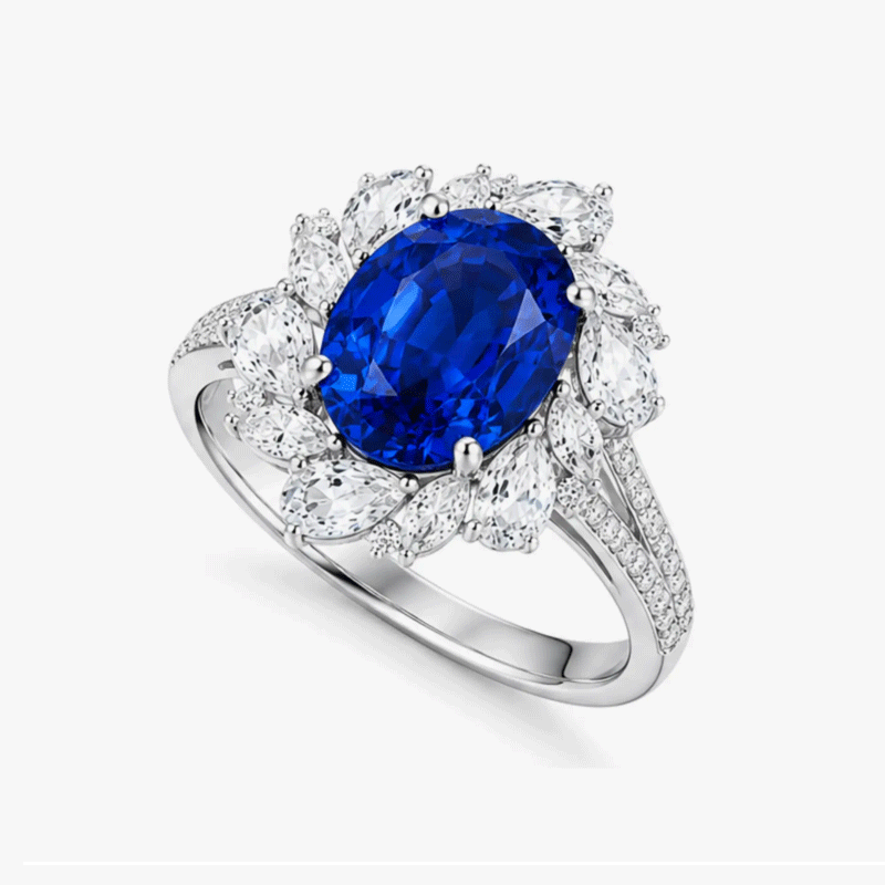 Original Design - 3ct Oval Cut Blue Sapphire & Moissanite Engagement Ring