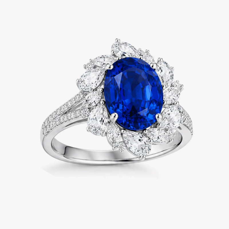 Original Design - 3ct Oval Cut Blue Sapphire & Moissanite Engagement Ring