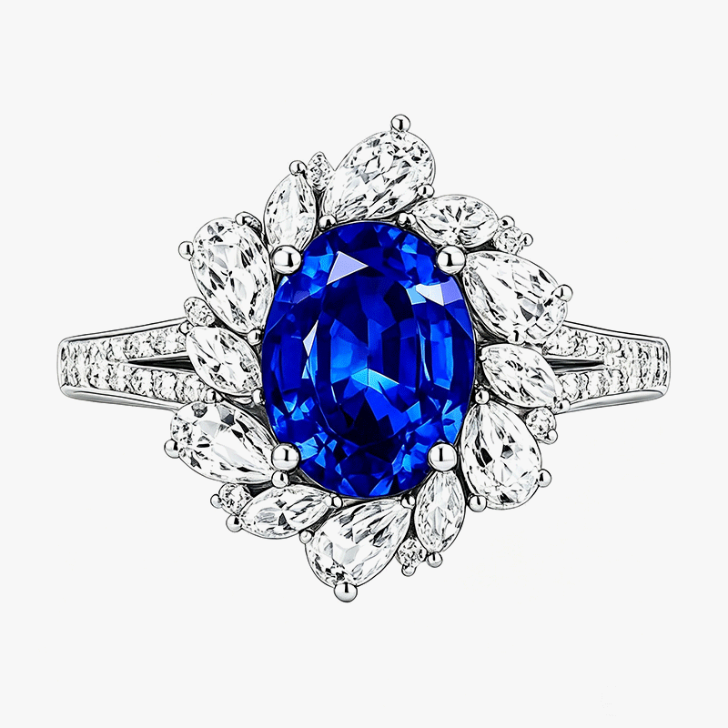Original Design - 3ct Oval Cut Blue Sapphire & Moissanite Engagement Ring