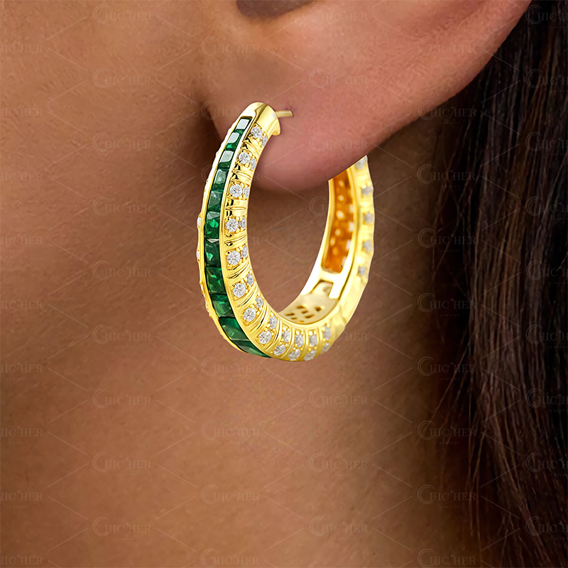 Round&Emerald Cut Emerald Sapphire Hoop Earrings