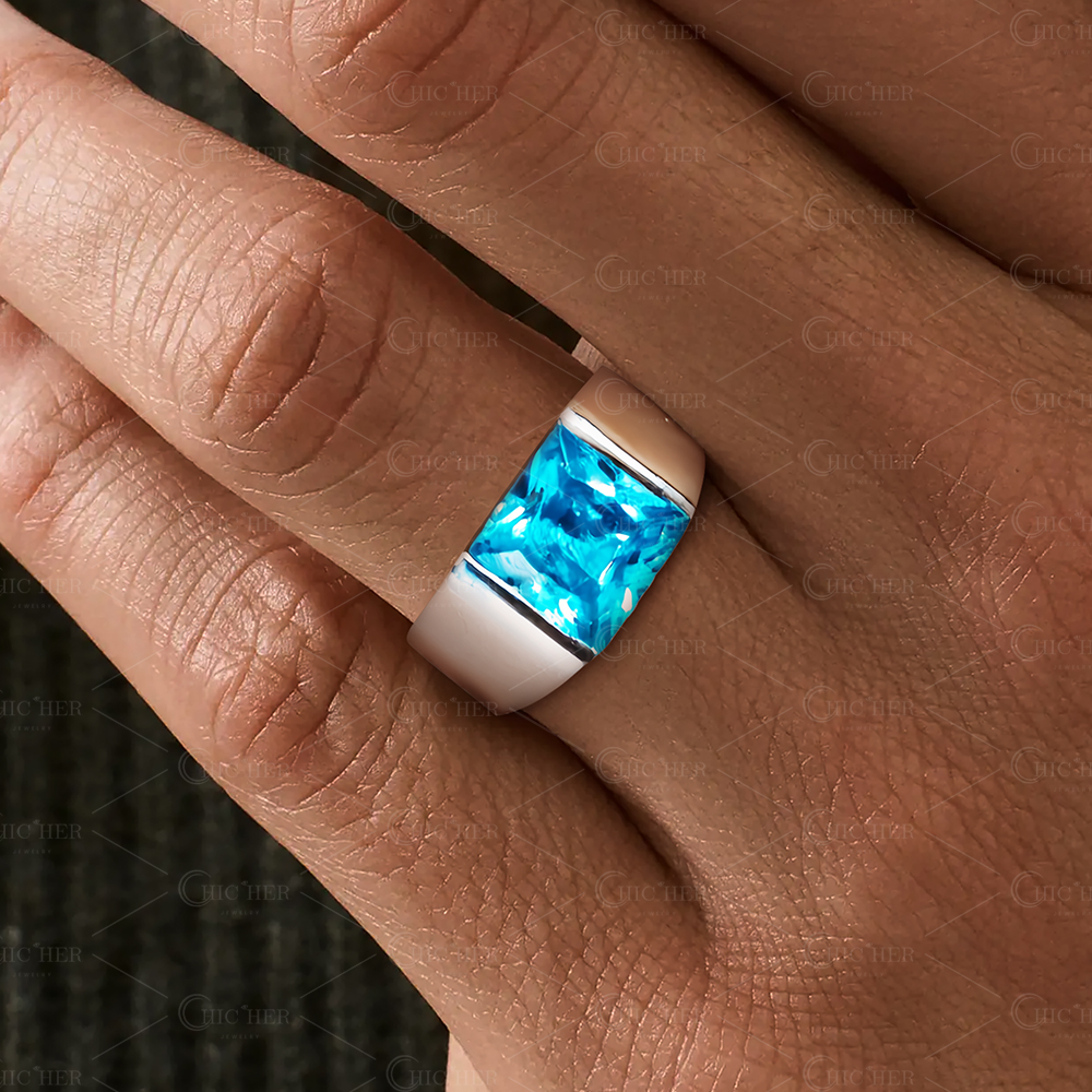 5ct Princess Cut Aquamarine Sapphire Men's Engagement Ring