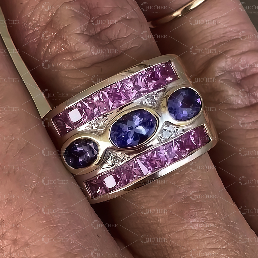 6.55ct Princess&Oval Cut Two-tone Sapphire Eternity Ring