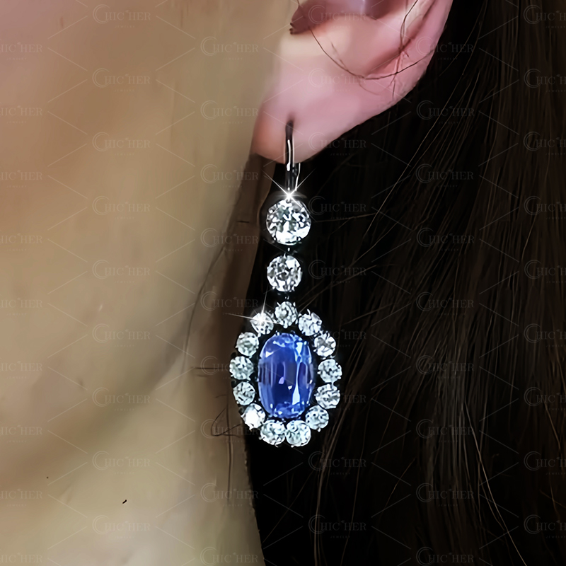 Oval Cut Blue Sapphire Drop Earrings