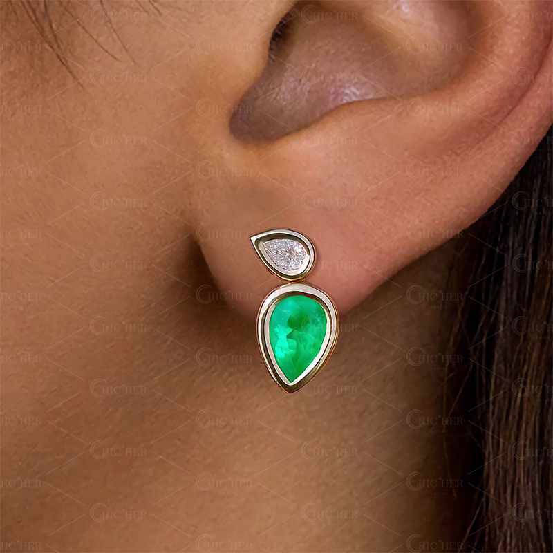 Bezel Setting Pear Cut Emerald Drop Earrings