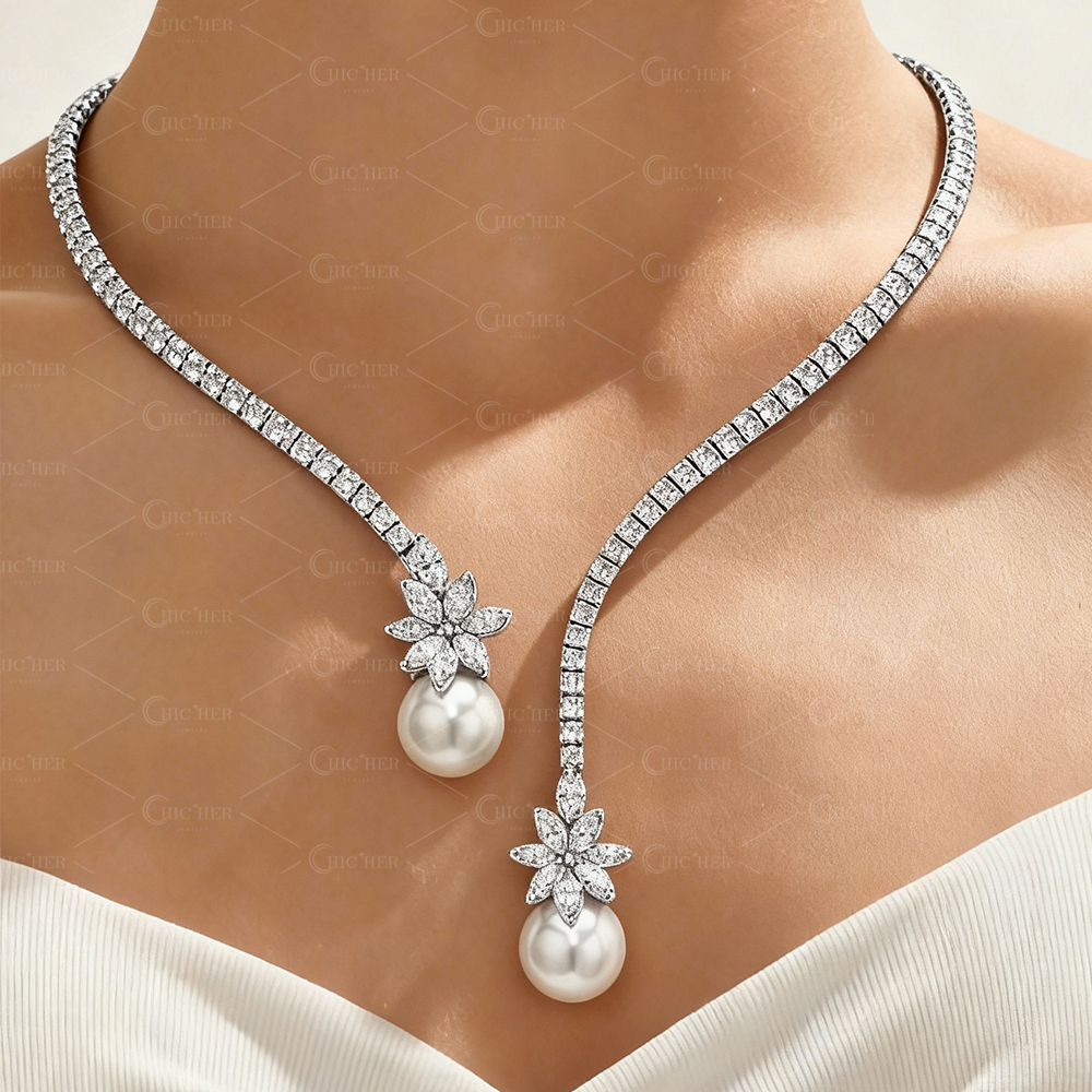 Open Design Marquise Cut White Sapphire Pendant Necklace With Pearl