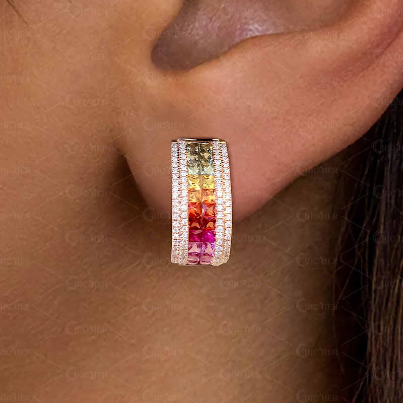 Princess Cut Rainbow Sapphire Hoop Earrings