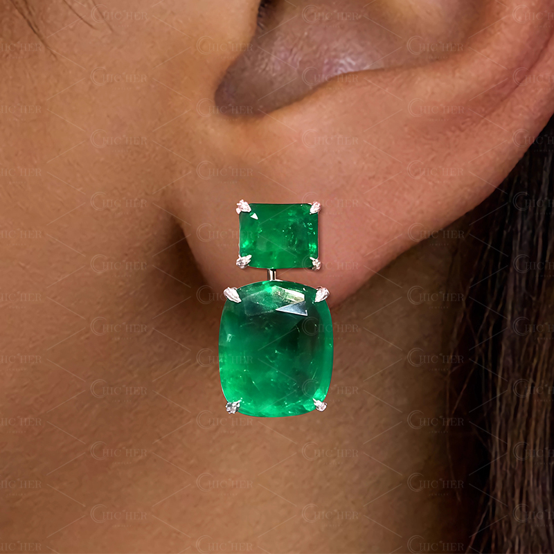 Emerald Cut Emerald Sapphire Drop Earrings