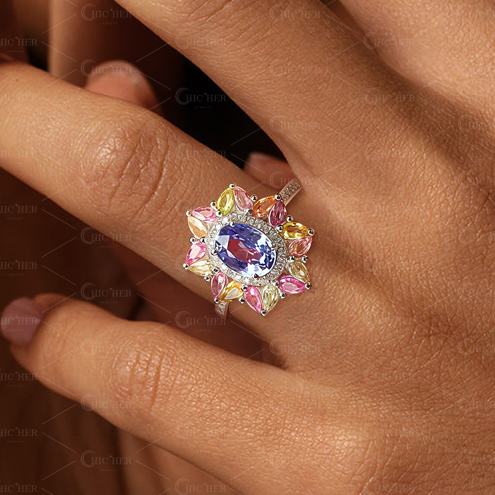 4ct Oval Cut Rainbow Sapphire Engagement Ring
