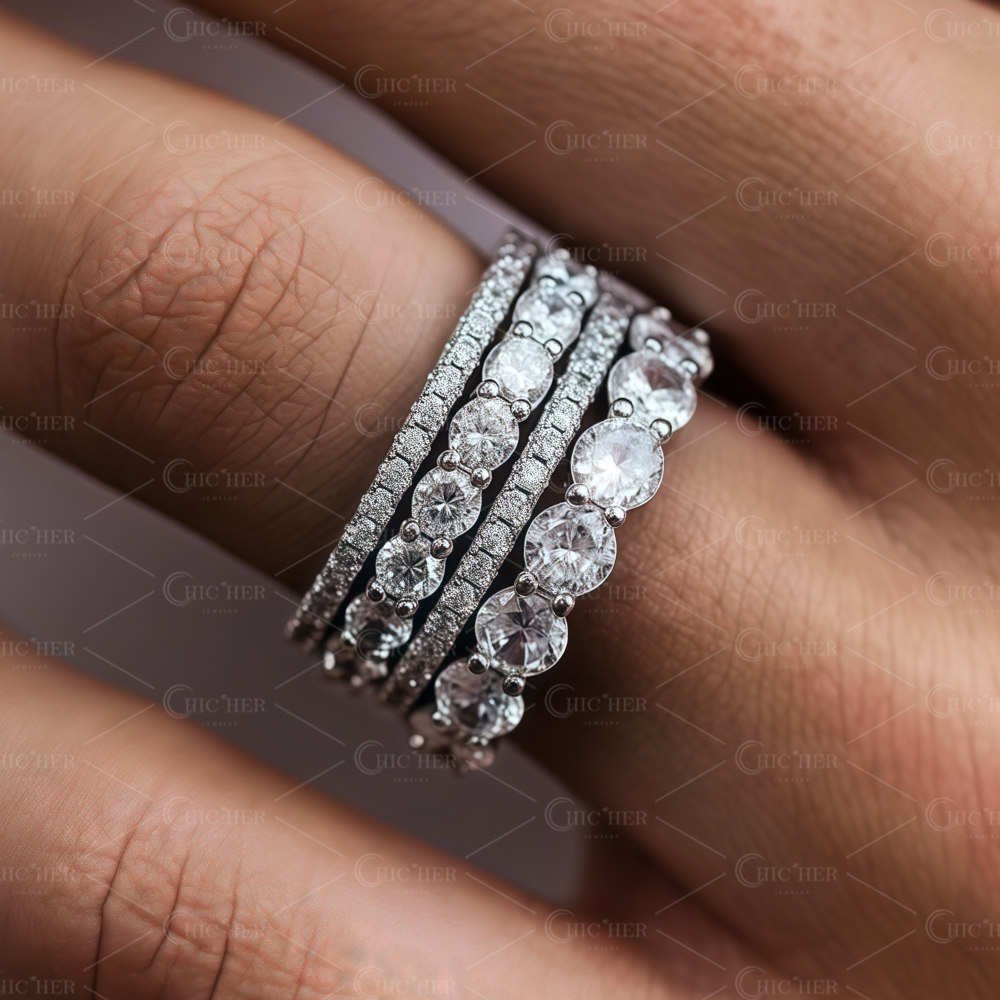 6.95ct Round Cut White Sapphire Stacking Ring Set / 4pcs