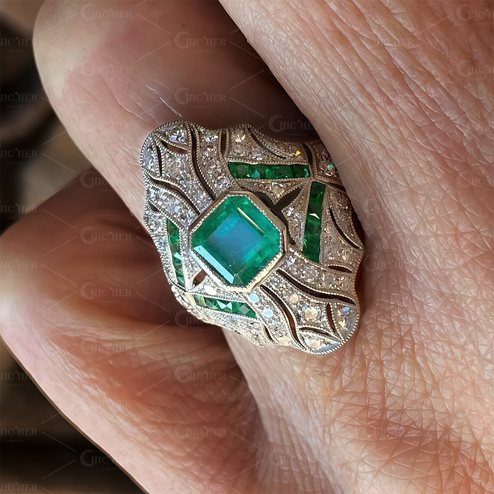 3ct Art Deco Asscher Cut Emerald Sapphire Engagement Ring