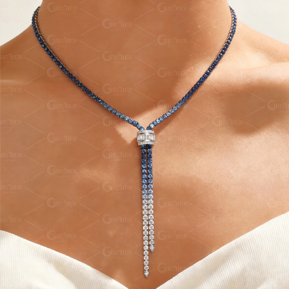 Unique Round Cut Two-tone Sapphire Necklace