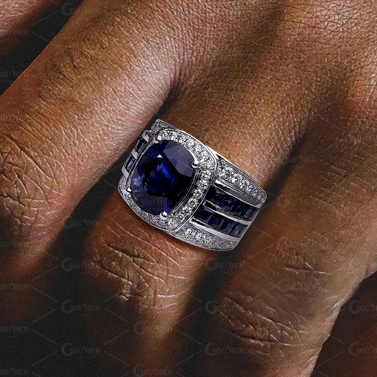 5.13ct Oval Cut Blue Sapphire Men's Engagement Ring