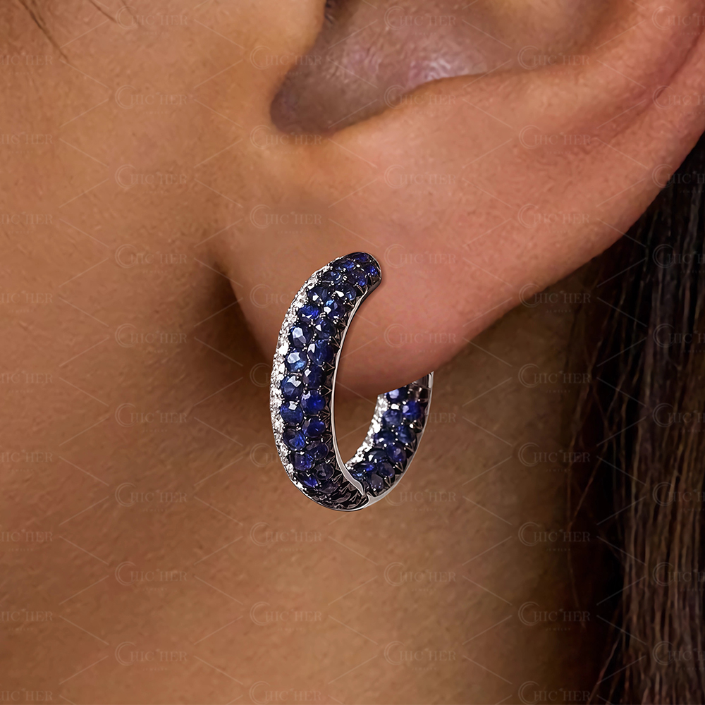 Round Cut White&Blue Sapphire Hoop Earrings