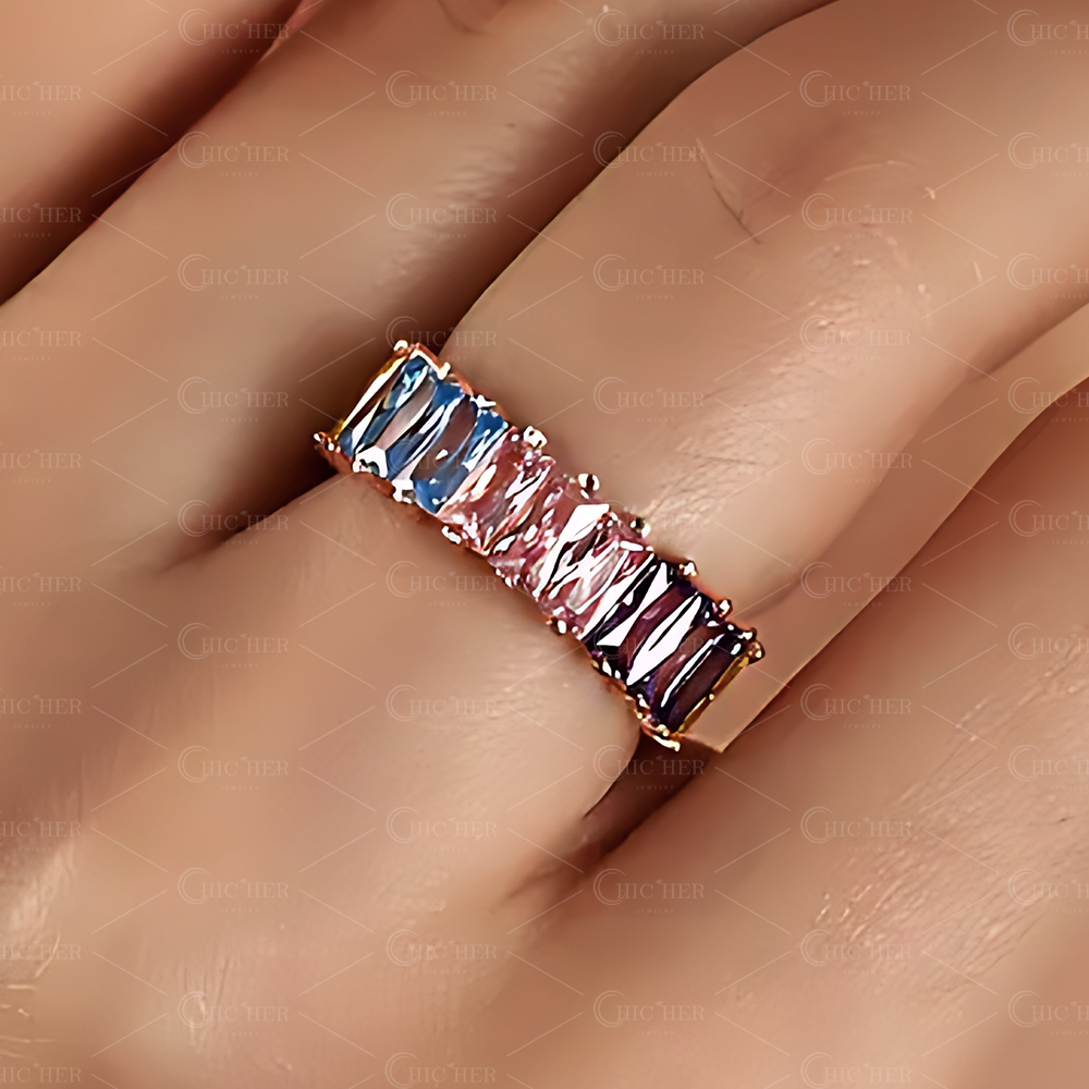 6.5ct Baguette Cut Rainbow Sapphire Eternity Ring