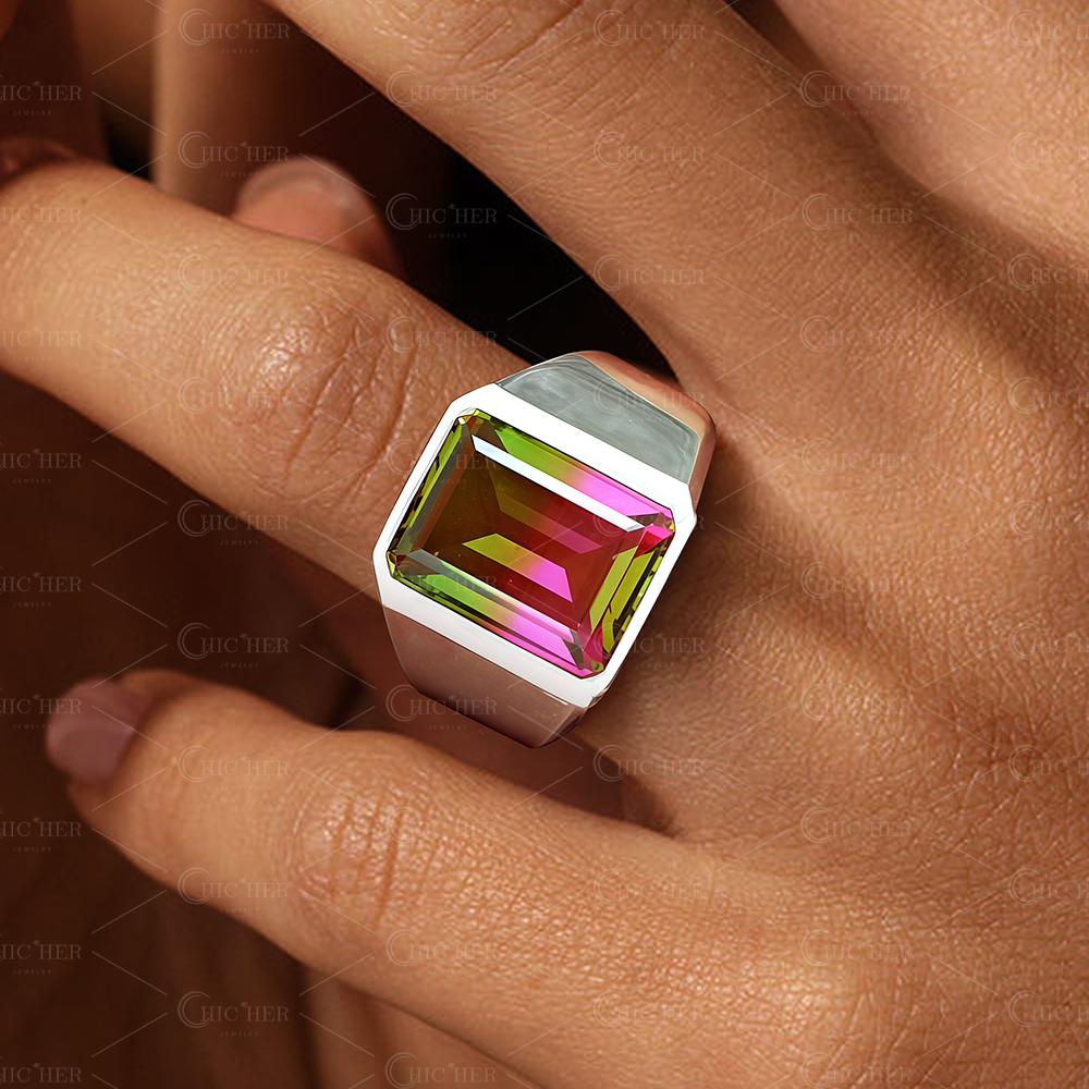 7ct Emerald Cut Watermelon Tourmaline Ring