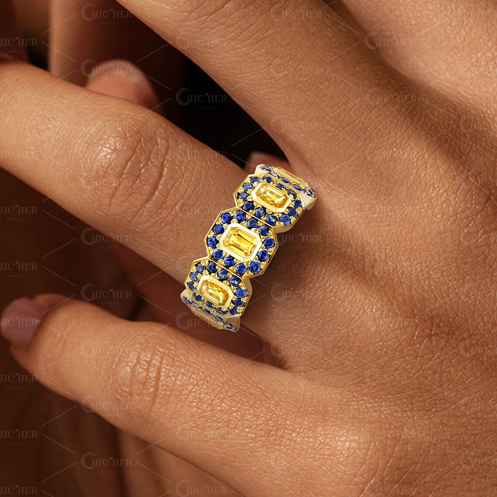 6.15ct Emerald Cut Yellow&Blue Sapphire Eternity Ring