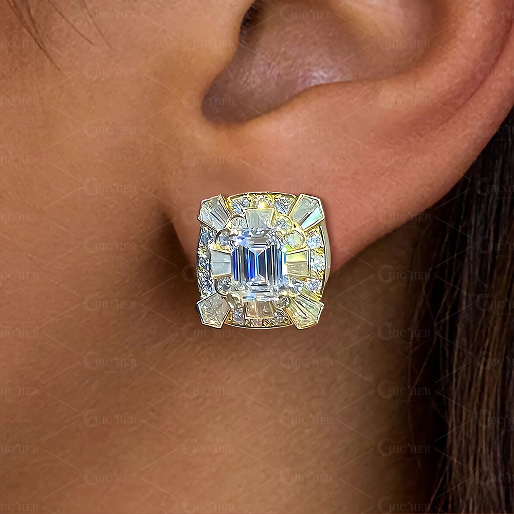 Art Design Emerald Cut White Sapphire Stud Earrings