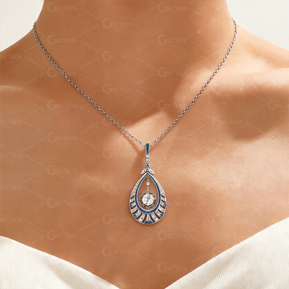 Art Deco Round Cut Blue Sapphire Necklace