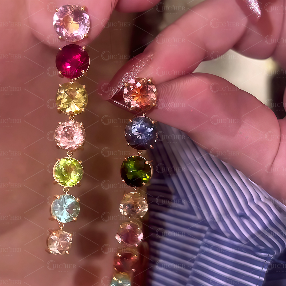 Round Cut Rainbow Sapphire Drop Earrings