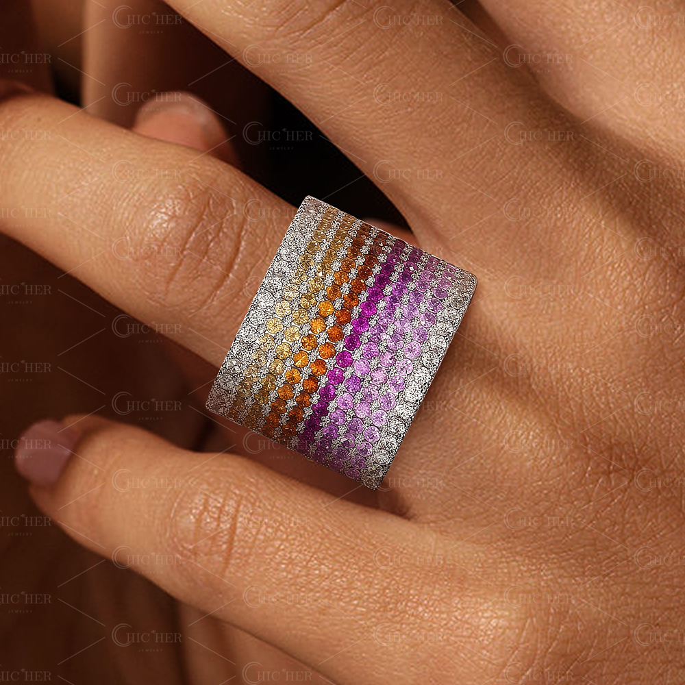 10.2ct Micro-pave Setting Round Cut Rainbow Sapphire Eternity Ring
