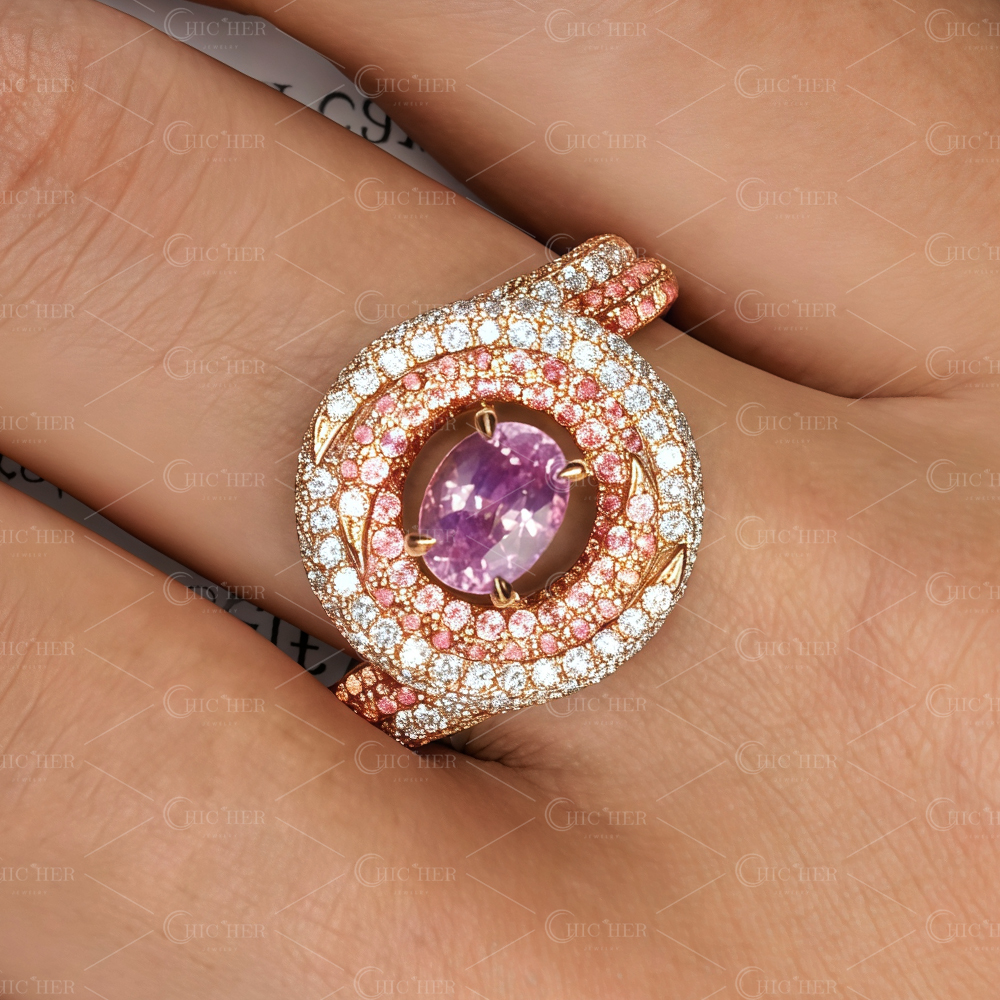 4ct Bypass Design Halo Oval Cut Pink Sapphire Ring