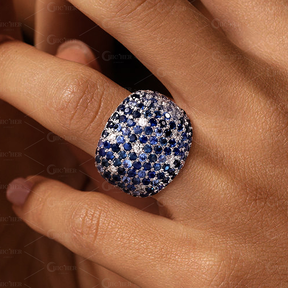 10.45ct Round Cut White& Blue Sapphire Cocktail Ring