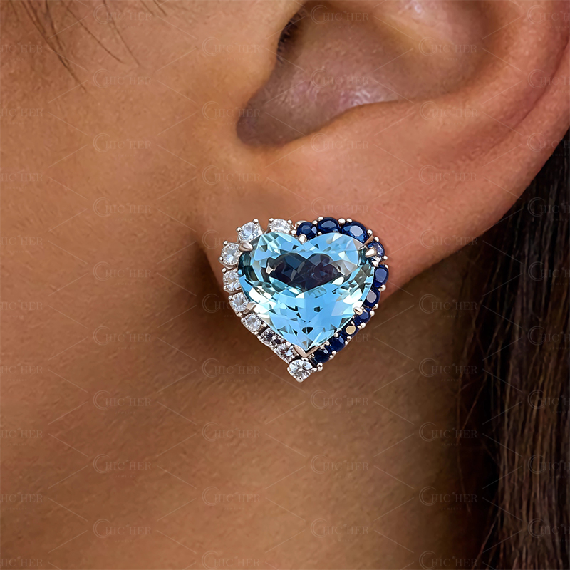 Halo Heart Cut Aquamarine Sapphire Stud Earrings