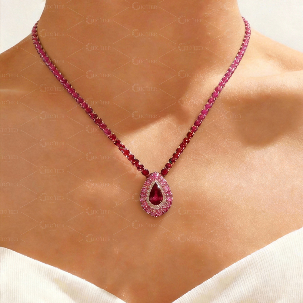 Unqiue Pear Cut Garnet Sapphire Necklace
