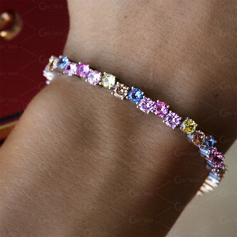 Round Cut Rainbow Sapphire Tennis Bracelet