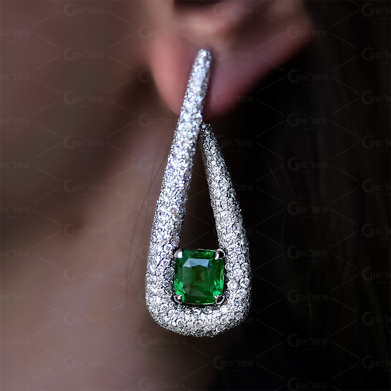 Cushion Cut Emerald Sapphire Drop Earrings