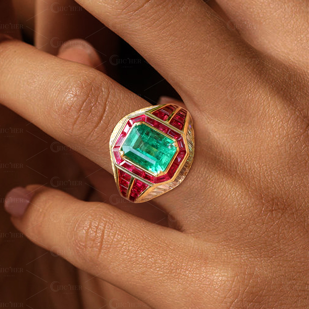 4ct Emerald Cut Emerald Sapphire Engagement Ring