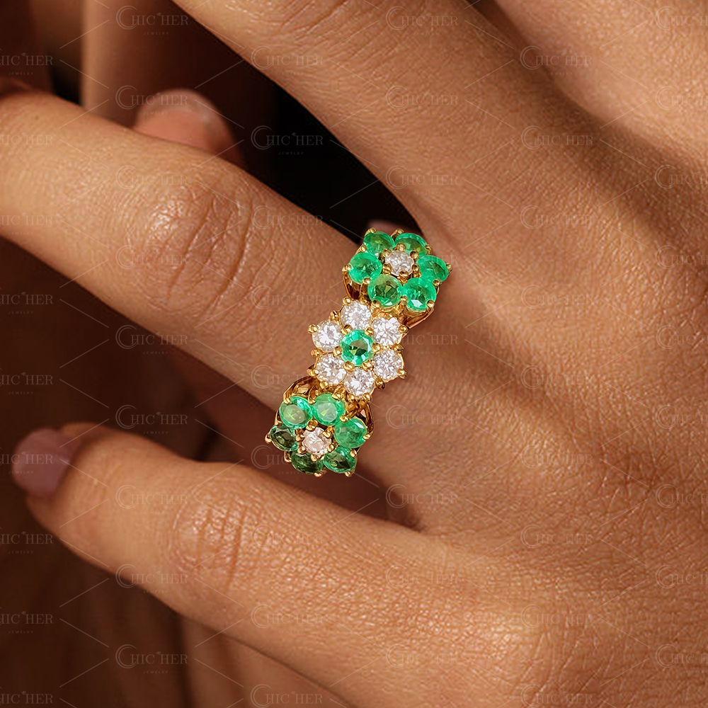 5.25ct Flower Design Round Cut Emerald Sapphire Eternity Ring