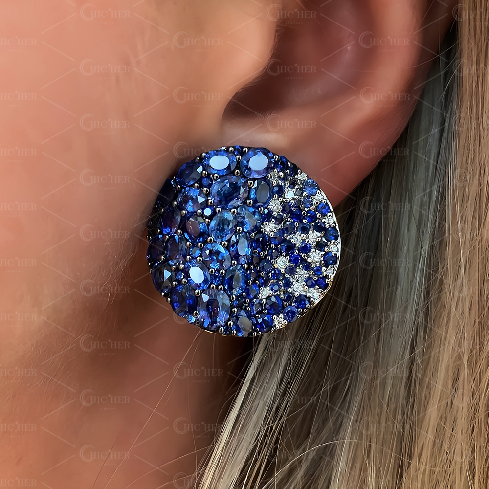 Micro-pave Setting Oval Cut Blue Sapphire Stud Earrings