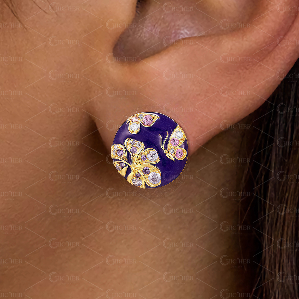 Blue Enamel Butterfly Flower Sapphire Stud Earrings