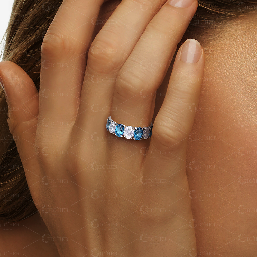 3.5ct Seven-Stone Oval Cut Aquamarine Eternity Ring