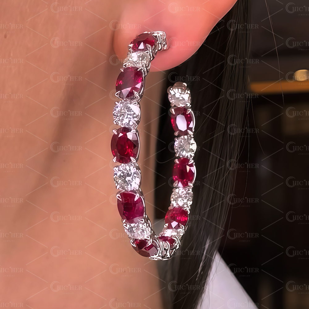 Oval Cut Two-tone Sapphire Hoop Earrings